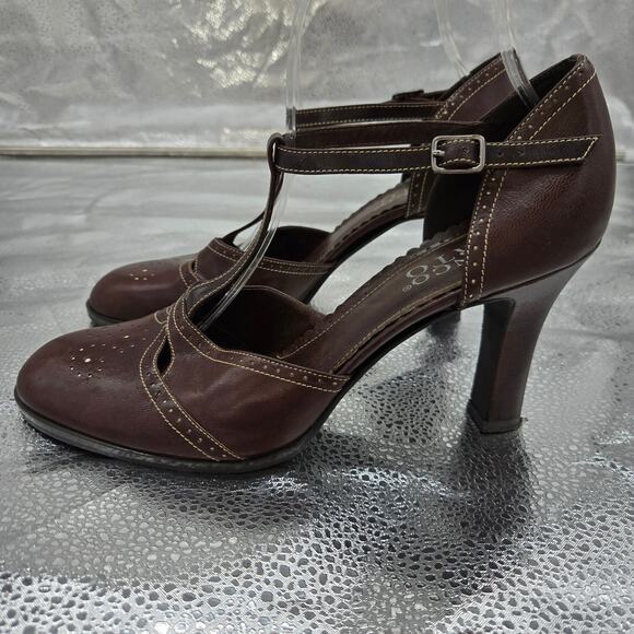 Franco Sarto Womens Vtg Y2K Brown Leather Heels 9M Ankle T-Strap Retro Art Deco - Picture 5 of 10